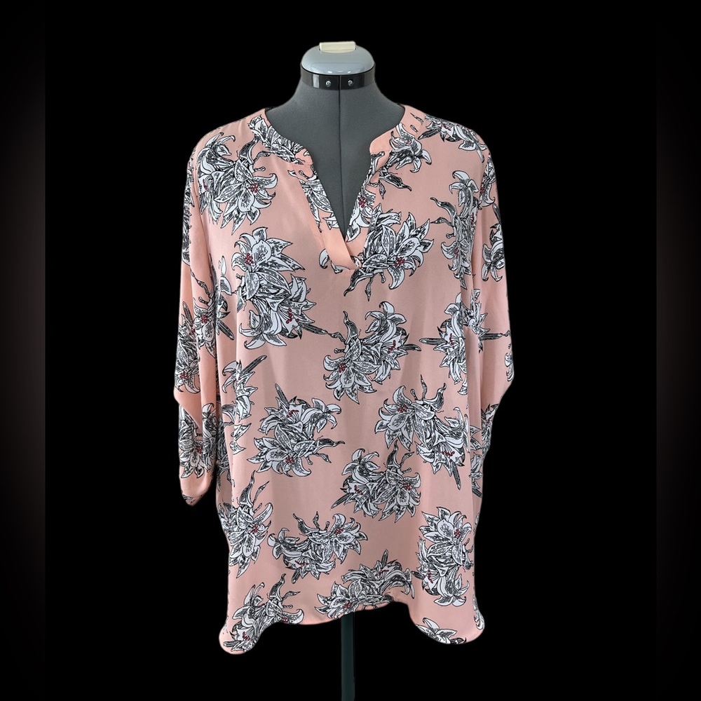 Chaus Sheer Floral Print Pullover V Neck Roll Tab Blouse Women's Plus Size 2X